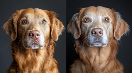 Two dogs display cheerful and playful expressions against a solid backdrop, highlighting their friendly nature. Their large, expressive eyes and open mouths convey happiness and excitement.の素材