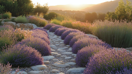 A beautiful array of lavender plants stretches alongside a winding stone pathway, set against a lush green backdrop. The vibrant purple flowers bloom prominently under clear blue skies.の素材