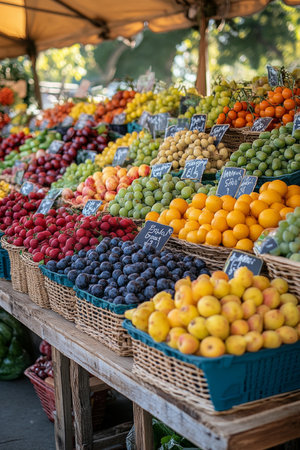 Stalls showcase a vibrant array of fresh fruits, including grapes, oranges, and plums, arranged attractively under a sunlit canopy, inviting shoppers to explore and buy.の素材