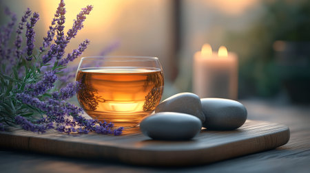 A glass bowl filled with aromatic herbal tea sits amidst an arrangement of vibrant flower petals and smooth stones. The warm colors of the petals contrast beautifully with the dark surface.の素材