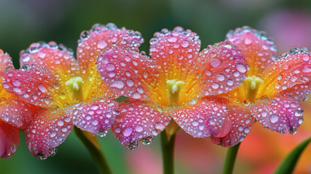 A vibrant pink and yellow tulip stands gracefully, covered in glistening water droplets. The delicate petals capture the essence of freshness after rainfall, surrounded by lush green foliage.の素材