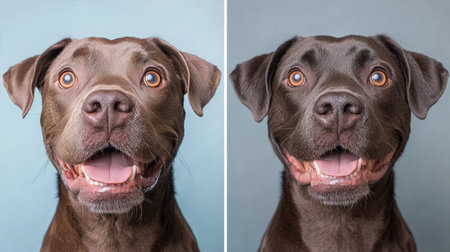 Two dogs display cheerful and playful expressions against a solid backdrop, highlighting their friendly nature. Their large, expressive eyes and open mouths convey happiness and excitement.の素材