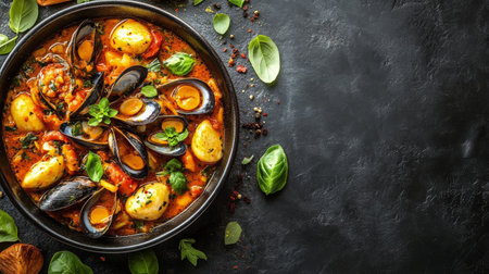A vibrant seafood dish featuring large shrimp and clams sits in a rustic black bowl. Fresh herbs and lemons surround the bowl, adding color and flavor to the presentation.の素材