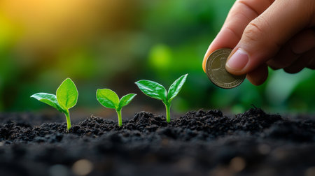 A hand lifts a coin featuring a prominent figure above several stacks of smaller coins. The background is filled with scattered coins, creating a sense of wealth and collecting.の素材