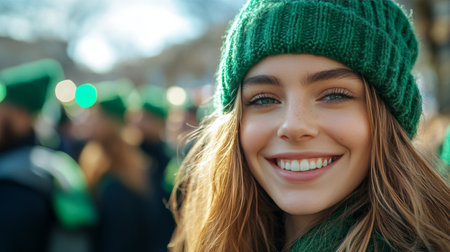 Three friends enjoy a lively gathering dressed in green clothing and knitted hats while holding drinks. Their cheerful expressions reflect the festive spirit of the occasion in a park.の素材