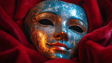 A pair of masks, one black and one white, positioned closely on a rich red fabric. They each have distinct facial features with elegant designs, embodied contrasting themes.の素材