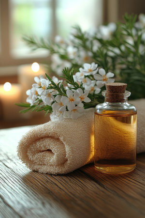 In a tranquil setting, essential oil is poured over delicate pink flowers floating on the waters surface, surrounded by glowing candles. The atmosphere is serene and inviting.の素材