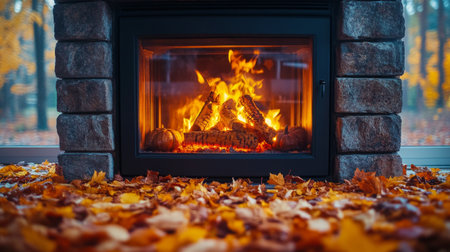 A serene autumn setting features a carved pumpkin and two glowing candles placed among vibrant orange and yellow leaves on the ground. Sunlight filters softly through the trees.の素材