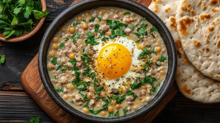 A delectable bowl of creamy dish features a sunny side up egg on top, surrounded by minced meat and fresh herbs, accompanied by soft bread on a rustic wooden surface.の素材