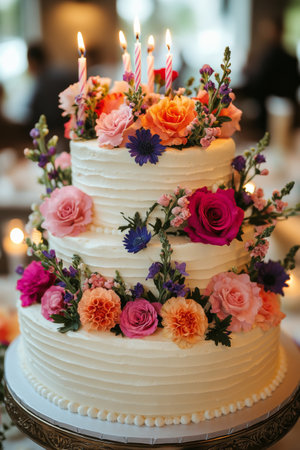 A beautifully decorated cake featuring colorful roses and fresh flowers sits on a table. Five candles flicker atop the cake, indicating a special celebration among friends and family.の素材
