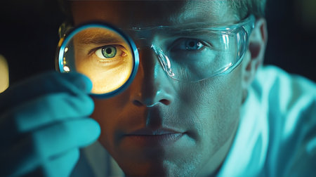 A dedicated scientist wears safety goggles and a mask while meticulously handling test tubes in a laboratory environment. The focus is on precise measurements and research.の素材