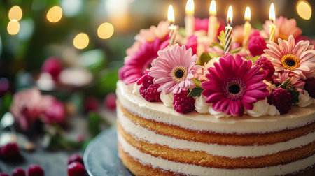 A stunning cake adorned with pink roses and candles awaits celebration. Soft candlelight creates a warm ambiance, enhancing the festive atmosphere for the gathering.の素材