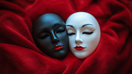 A pair of masks, one black and one white, positioned closely on a rich red fabric. They each have distinct facial features with elegant designs, embodied contrasting themes.の素材