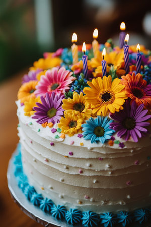 A beautifully decorated cake featuring colorful roses and fresh flowers sits on a table. Five candles flicker atop the cake, indicating a special celebration among friends and family.の素材