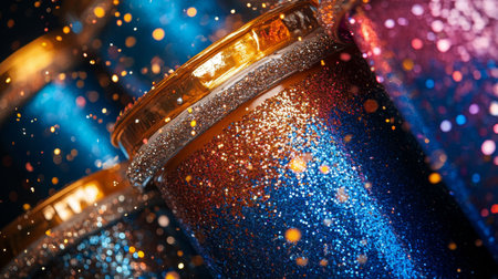 Brightly colored drums shimmer with glitter and confetti at a lively street festival. Participants enjoy music and dance, creating an energetic atmosphere filled with excitement and joy.の素材