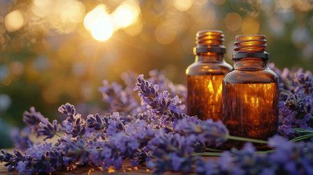 Two amber bottles containing lavender oil sit atop a wooden table surrounded by fresh lavender blossoms. The warm glow of sunset creates a serene atmosphere in the background.の素材