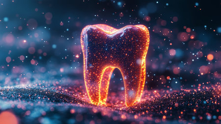A luminous tooth symbol surrounded by glowing digital icons in a dark, vibrant environment. The setting suggests a blend of dental care and technology with sparkling effects.の素材