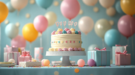 A bright and joyful birthday celebration features a decorated cake on a stand. Surrounding the cake are colorful balloons and neatly wrapped gifts, enhancing the festive atmosphere.の素材