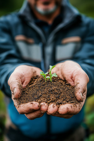 Hands carefully plant a young seedling into loose soil on a garden bed during spring. The earth is rich and dark, situated in a nurturing environment for growth.の素材