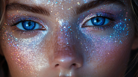 A young woman poses against a dark background, her face illuminated with striking glitter and bold makeup. The bright colors enhance her unique features and captivating blue eyes.の素材