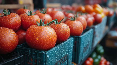 Rows of bright red tomatoes glisten with droplets of water, showcased in green crates at a local market. The setting is vibrant, filled with fresh produce and the scent of summer.の素材