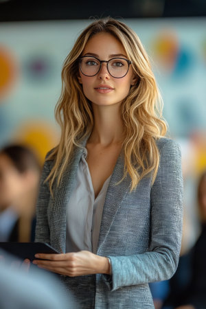 A young woman with long wavy hair and glasses stands confidently in a modern office environment. She holds a tablet and appears to be actively participating in a discussion with colleagues around her.の素材