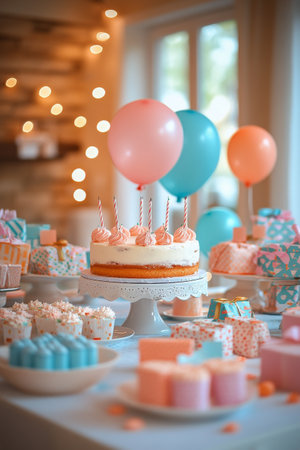 A vibrant party table showcases a multi layer cake with pastel frosting. Colorful balloons and gifts enhance the joyful atmosphere, perfect for a birthday gathering.の素材