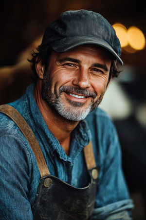 A man dressed in a denim shirt and suspenders smiles warmly, showcasing his friendly demeanor. The backdrop features a rustic environment with soft natural lighting, enhancing the candid moment.の素材