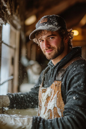 A man dressed in a denim shirt and suspenders smiles warmly, showcasing his friendly demeanor. The backdrop features a rustic environment with soft natural lighting, enhancing the candid moment.の素材