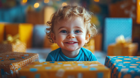 A joyful toddler is sitting in a cozy room, smiling at the camera while playing with a beautifully wrapped gift. The background is adorned with warm, soft lights that create a festive atmosphere.の素材