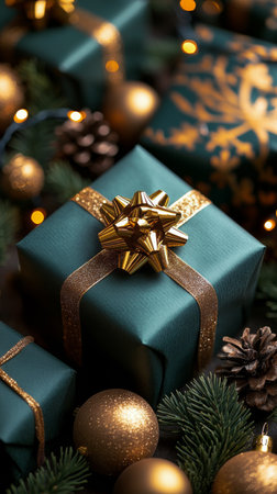Wrapped presents in rich green paper adorned with golden stars and bows rest among pine branches and ornaments, creating a warm and festive atmosphere during holiday celebrations.の素材