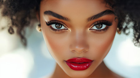 A model presents a makeup look featuring dramatic eyeliner, glowing skin, and vibrant lip color. Freckles add charm to the overall appearance, highlighting natural beauty.の素材
