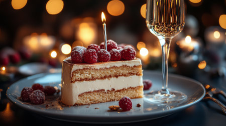 A beautifully presented layered cake topped with fresh raspberries and a single candle waits on a plate beside a glass of sparkling beverage, surrounded by soft glowing lights in a warm atmosphere.の素材