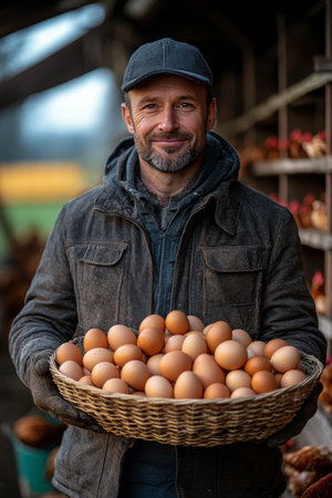 A mature man with a gray beard wears a brown coat and hat while carrying a large basket filled with eggs. He stands in a rustic farm setting, exuding a sense of tradition and hard work.の素材