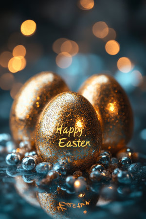 Six decorative Easter eggs with gold specks are arranged around a greeting that says Happy Easter. The bright background is adorned with scattered stars and confetti.の素材