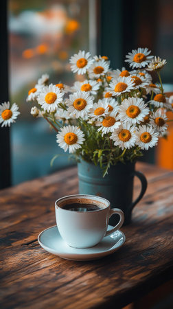 A white coffee cup filled with dark coffee sits on a small saucer surrounded by fresh daisies. The rustic wooden table creates a warm and inviting atmosphere.の素材
