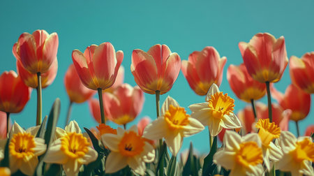 Bright orange tulips and white daisies thrive in a lush green field during a sunny day. Fluffy clouds drift across the blue sky, creating a picturesque spring atmosphere.の素材