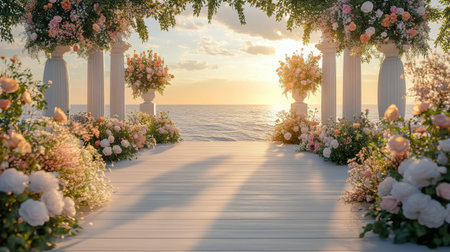 A beautiful wedding altar adorned with lush flowers overlooks the ocean during sunset. The tranquil atmosphere is enhanced by warm hues and soft light reflecting on the water.の素材
