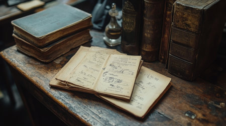 Old books with worn covers and faded titles are arranged on an antique wooden table. The background features a warm, inviting library filled with shelves of books.の素材