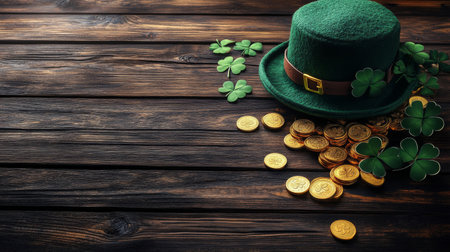 A green hat lies next to shiny gold coins surrounded by fresh clovers on a rustic wooden table, creating a festive atmosphere perfect for holiday celebrations.の素材