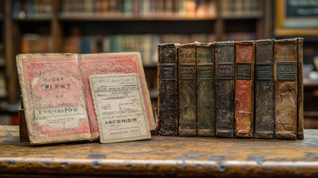 Old books with worn covers and faded titles are arranged on an antique wooden table. The background features a warm, inviting library filled with shelves of books.の素材
