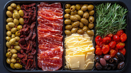 A colorful platter showcasing slices of cured meats, various cheeses, olives, cherry tomatoes, and rosemary. This arrangement highlights fresh and savory ingredients, perfect for sharing.の素材