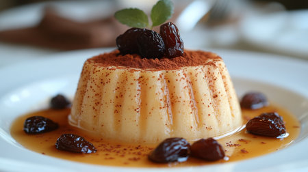 Creamy dessert topped with rich caramel sauce and sprinkled with raisins and herbs is presented on a dark plate. Subtle textures and colors create an appetizing display of flavors.の素材