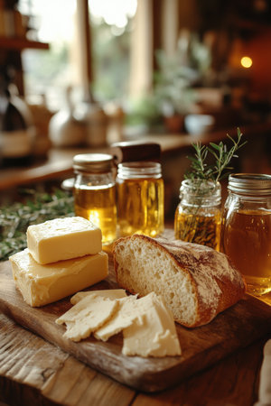 Soft, golden bread loaves are served on a wooden board with a pat of melted butter and olive oil. Fresh herbs add color to the rustic presentation, creating a warm, inviting ambiance.の素材