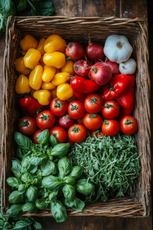 A basket filled with a variety of freshly picked vegetables. Colorful bell peppers, ripe tomatoes, garlic, and fragrant herbs create a vibrant display, reflecting the joys of gardening.の素材