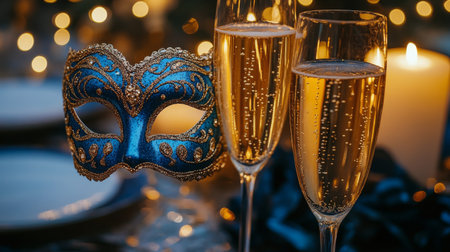 An elaborate masquerade setup featuring a decorative mask, a flute of champagne, and soft candlelight creating a warm, inviting ambiance perfect for an evening celebration.の素材