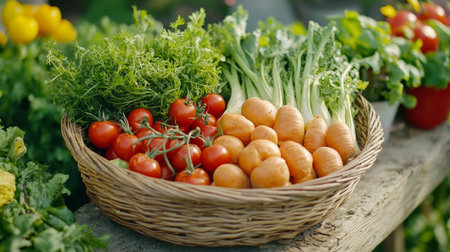 A woven basket holds a variety of colorful radishes, including pink, purple, white, and yellow. The garden background features lush greenery in bright daylight, emphasizing freshness.の素材