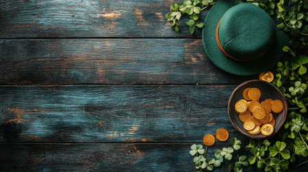 A green hat lies next to shiny gold coins surrounded by fresh clovers on a rustic wooden table, creating a festive atmosphere perfect for holiday celebrations.の素材