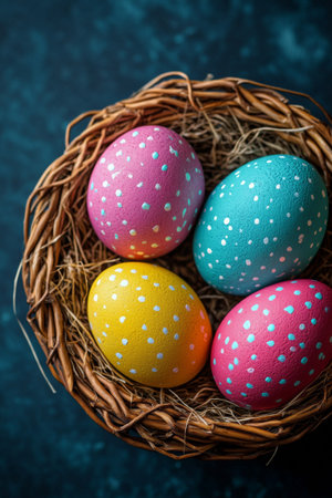 A woven nest contains four brightly colored Easter eggs decorated with polka dots. The vibrant hues of pink, yellow, turquoise, and orange contrast beautifully against the dark backdrop.の素材