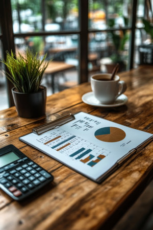 Glasses rest on a report filled with financial charts while a calculator sits nearby. Sunlight streams through large windows, illuminating the workspace filled with greenery.の素材
